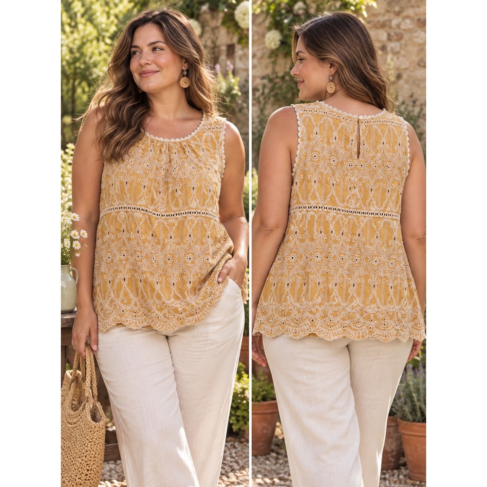 Skies Are Blue Eyelet Embroidered Top Women XL Mustard Cream Boho Cottagecore